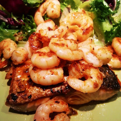 Pan-fried salmon with chilli garlic prawns